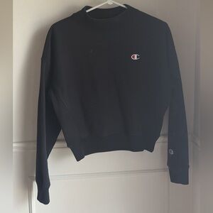 Champion Black Cropped Crew Sweatshirt with Embroidered Logo